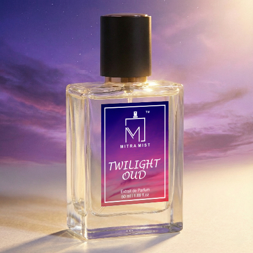 Perfume bottle labeled 'Twilight Oud' by Mitra Mist against a purple and pink gradient background